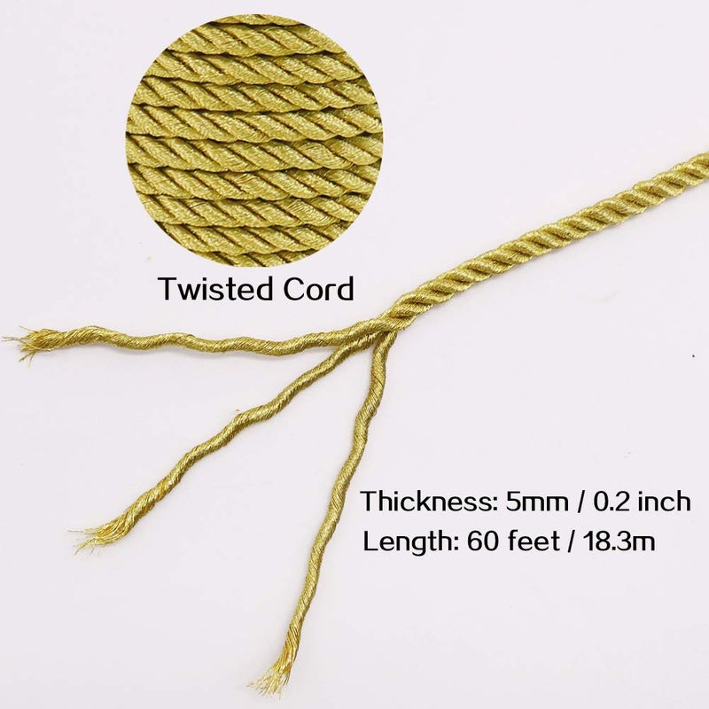 Tenn Well 5mm Twisted Cord Trim, 59 Feet Gold Decorative Rope for Curtain Tieback, Upholstery, Honor Cord, Home Decor - Image 2